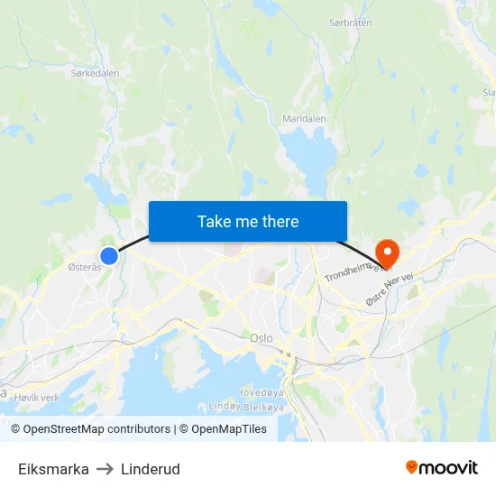 Eiksmarka to Linderud map