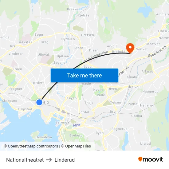 Nationaltheatret to Linderud map