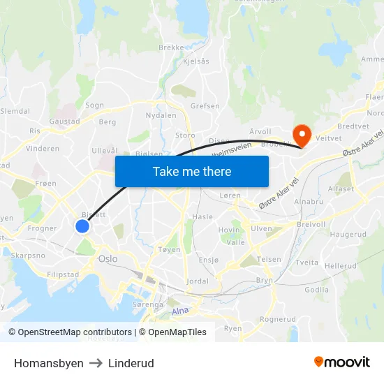 Homansbyen to Linderud map
