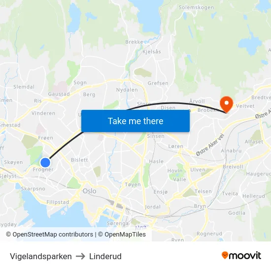 Vigelandsparken to Linderud map