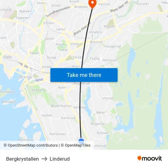 Bergkrystallen to Linderud map