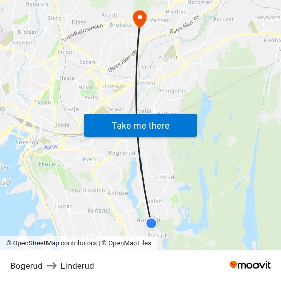 Bogerud to Linderud map