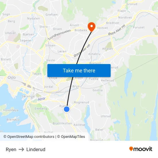 Ryen to Linderud map