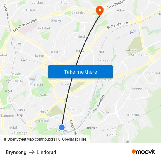 Brynseng to Linderud map