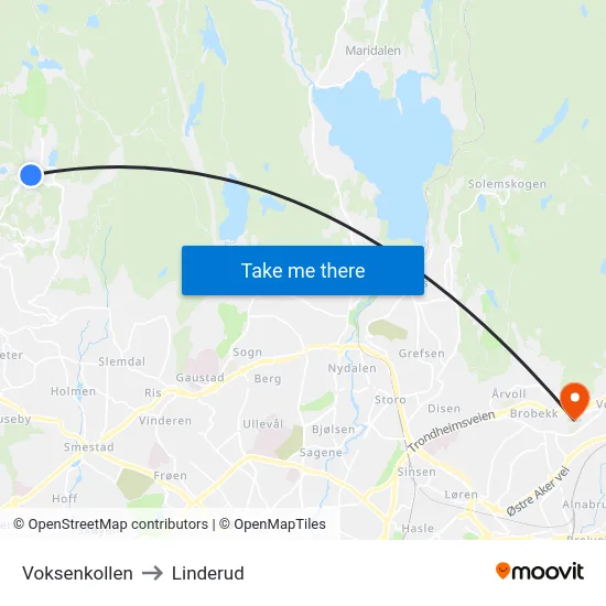 Voksenkollen to Linderud map