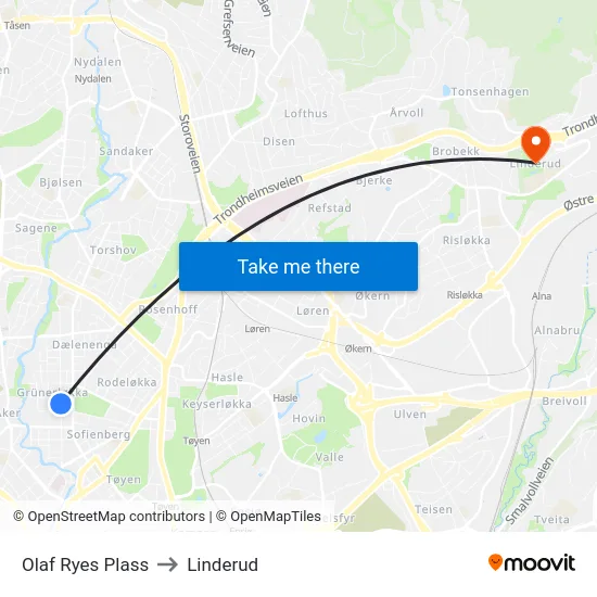 Olaf Ryes Plass to Linderud map