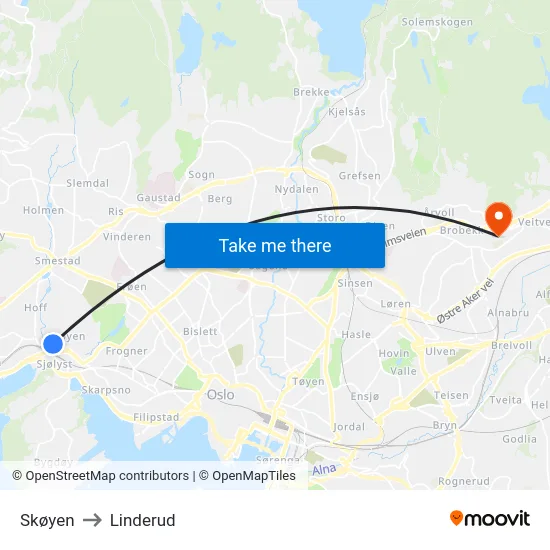 Skøyen to Linderud map