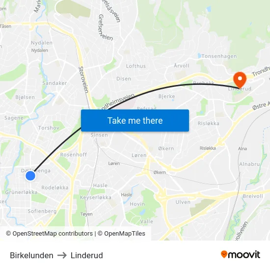 Birkelunden to Linderud map