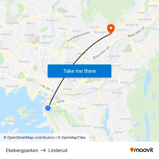 Ekebergparken to Linderud map