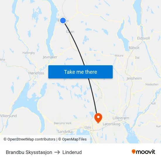 Brandbu Skysstasjon to Linderud map