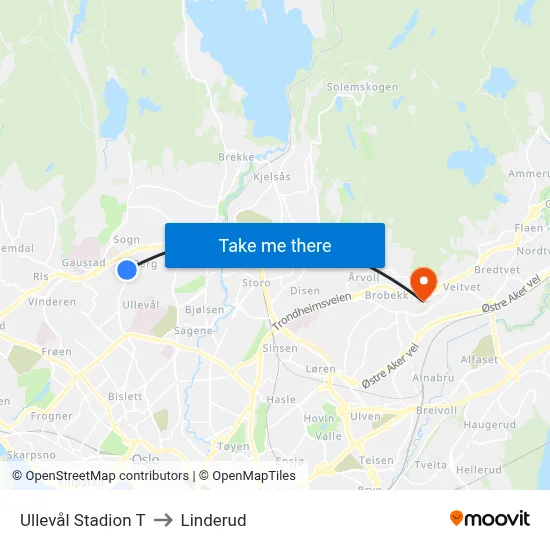 Ullevål Stadion T to Linderud map