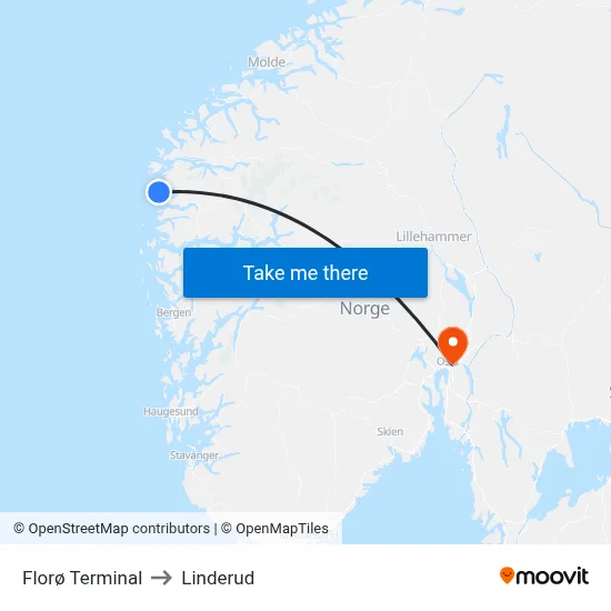 Florø Terminal to Linderud map
