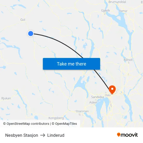 Nesbyen Stasjon to Linderud map