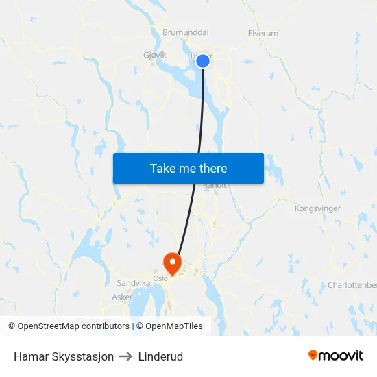 Hamar Skysstasjon to Linderud map