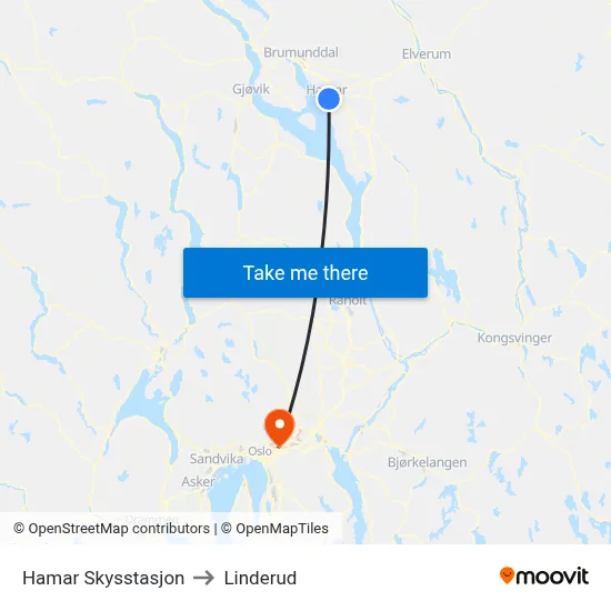 Hamar Skysstasjon to Linderud map