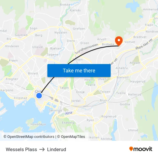 Wessels Plass to Linderud map