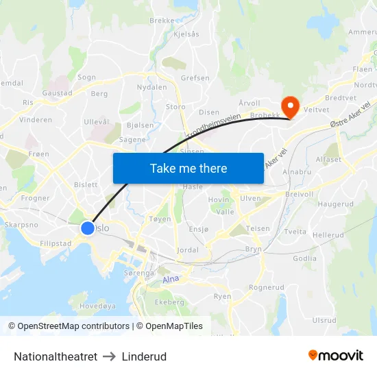 Nationaltheatret to Linderud map