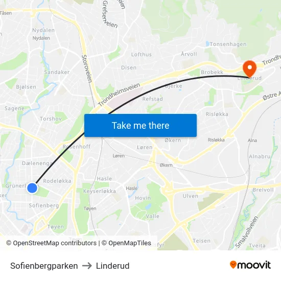 Sofienbergparken to Linderud map