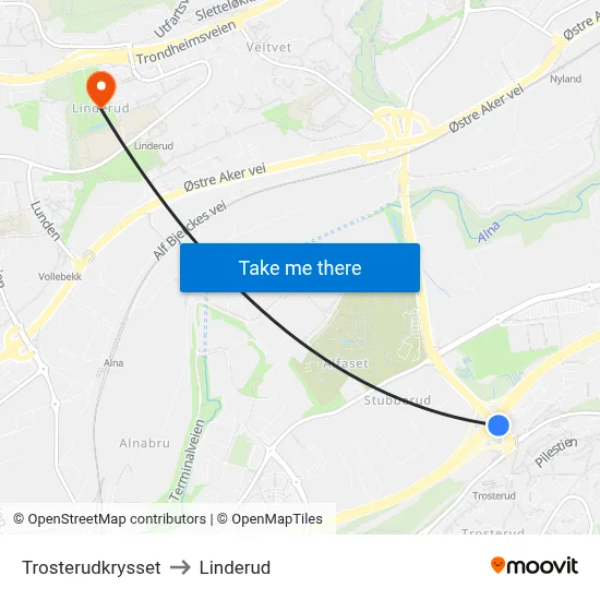 Trosterudkrysset to Linderud map