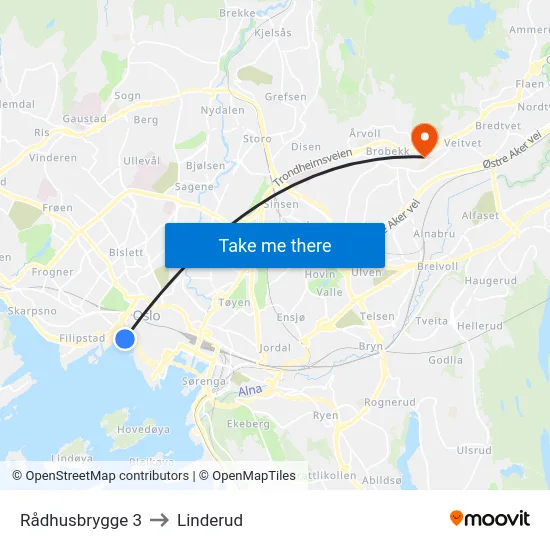 Rådhusbrygge 3 to Linderud map