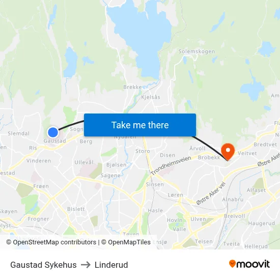 Gaustad Sykehus to Linderud map