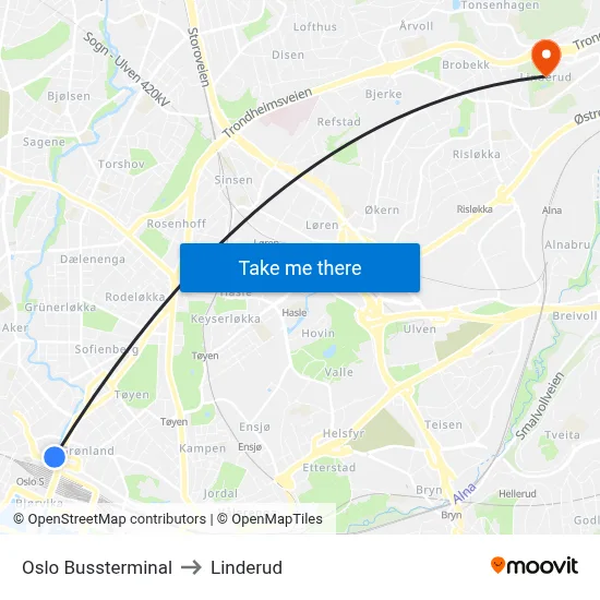 Oslo Bussterminal to Linderud map