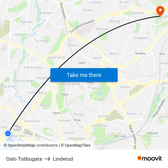 Oslo Tollbugata to Linderud map