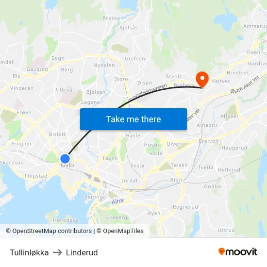 Tullinløkka to Linderud map