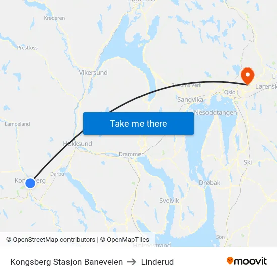 Kongsberg Stasjon Baneveien to Linderud map