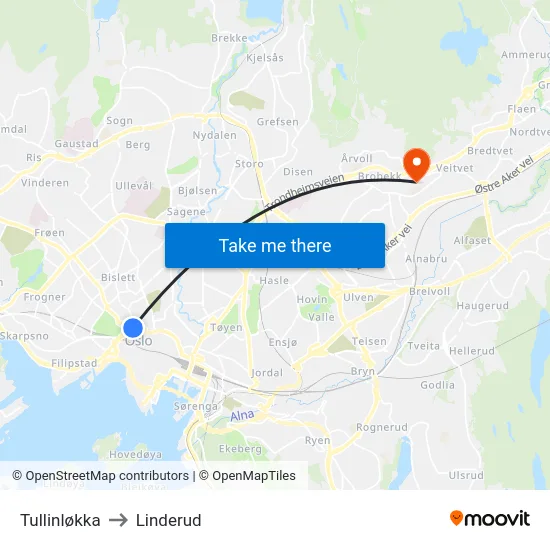 Tullinløkka to Linderud map