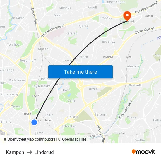 Kampen to Linderud map