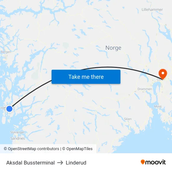 Aksdal Bussterminal to Linderud map