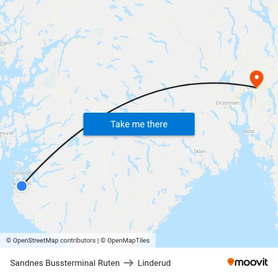 Sandnes Bussterminal Ruten to Linderud map