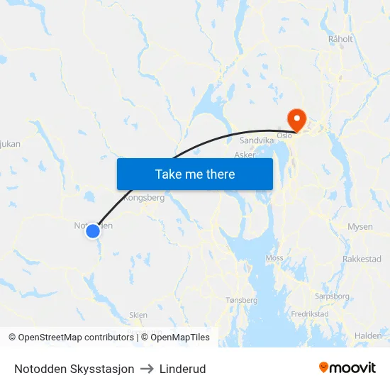Notodden Skysstasjon to Linderud map