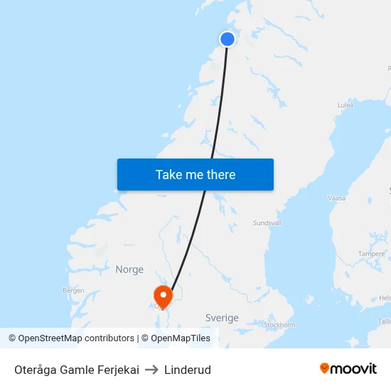 Oteråga Gamle Ferjekai to Linderud map