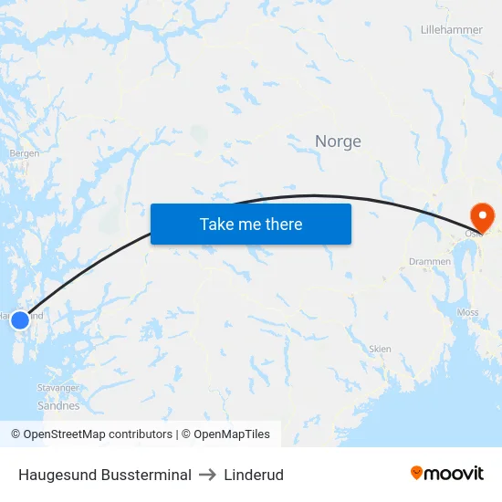 Haugesund Bussterminal to Linderud map