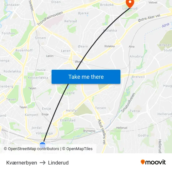 Kværnerbyen to Linderud map