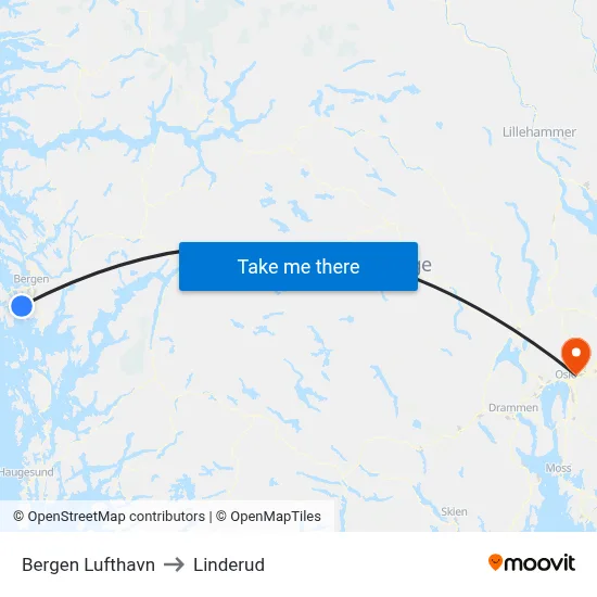 Bergen Lufthavn to Linderud map