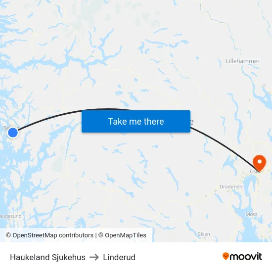 Haukeland Sjukehus to Linderud map