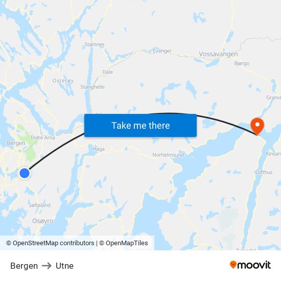 Bergen to Utne map