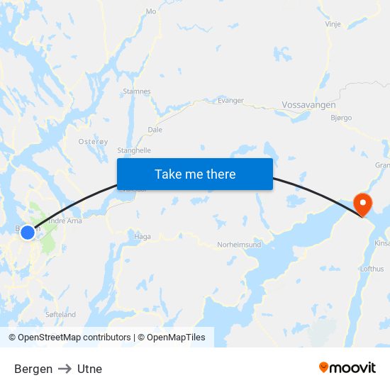 Bergen to Utne map