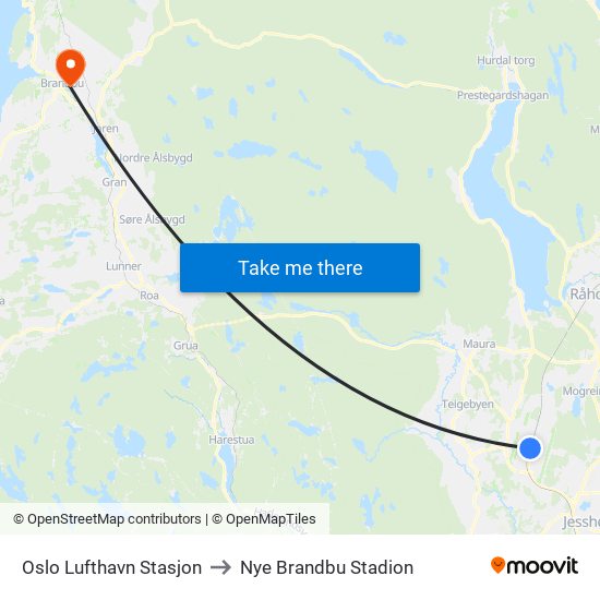 Oslo Lufthavn Stasjon to Nye Brandbu Stadion map