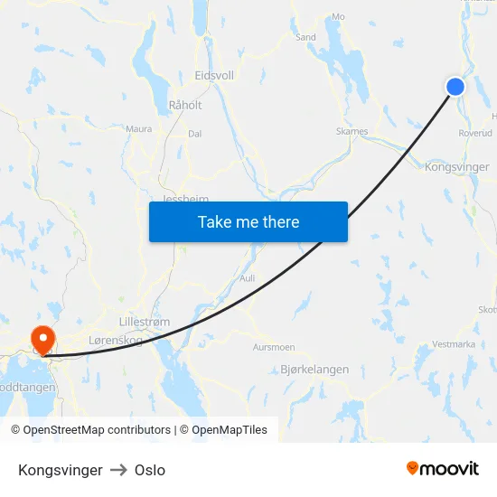 Kongsvinger to Oslo map