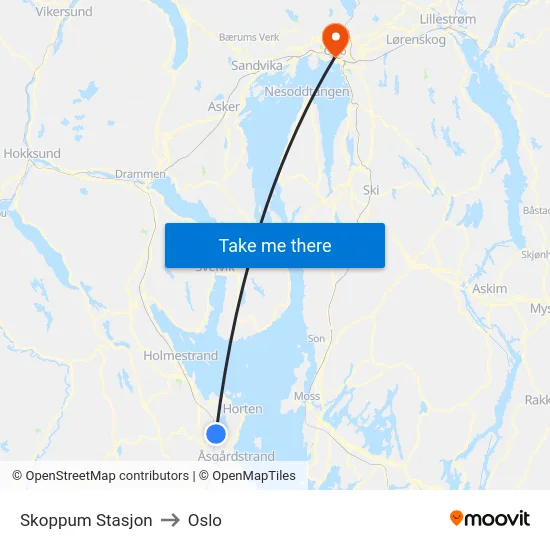 Skoppum Stasjon to Oslo map