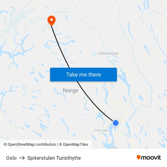 Oslo to Spiterstulen Turisthytte map