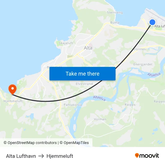 Alta Lufthavn to Hjemmeluft map