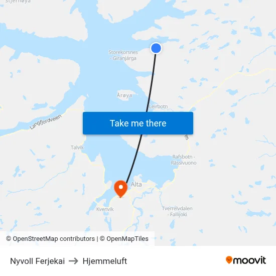 Nyvoll Ferjekai to Hjemmeluft map