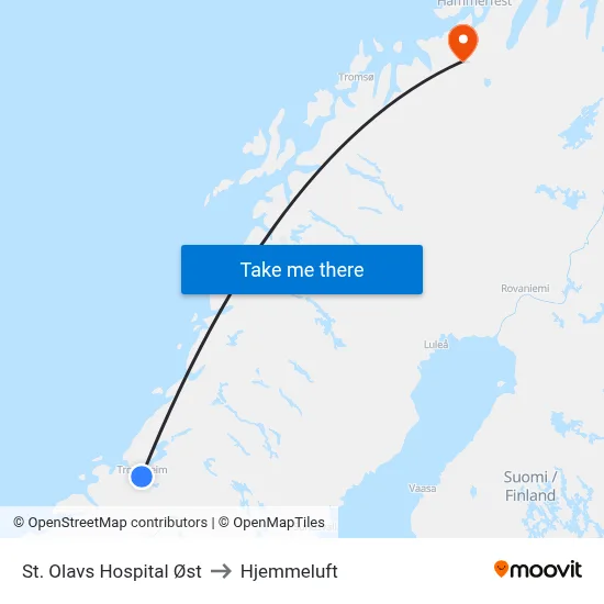 St. Olavs Hospital Øst to Hjemmeluft map
