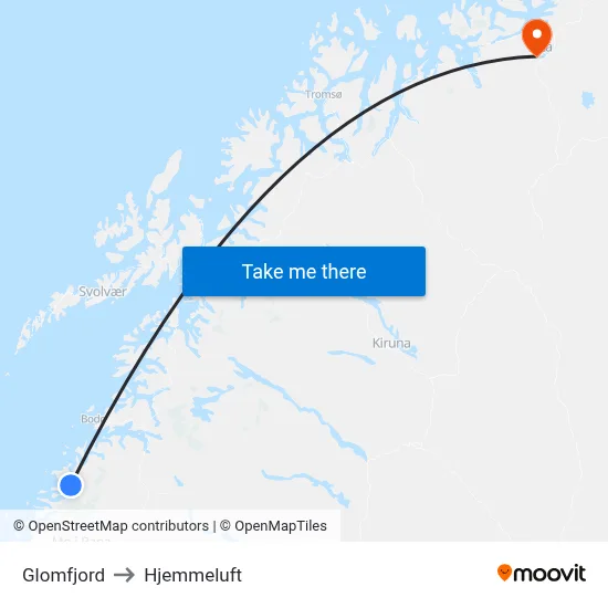 Glomfjord to Hjemmeluft map