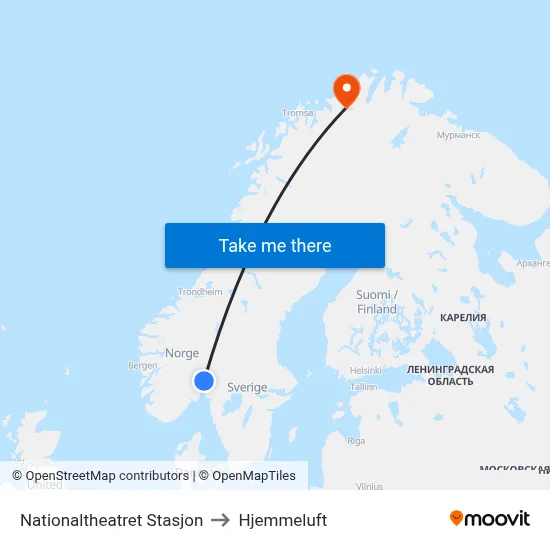 Nationaltheatret Stasjon to Hjemmeluft map